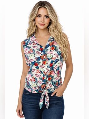 Spencer’s Aloha Bitches Hawaiian Tank Top Tie Front Tropical Floral Shirt Small